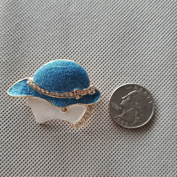 Vintage Blue and Gold Hat On Woman Brooch Sugar Coated Gems Bow - Picture 2 of 4